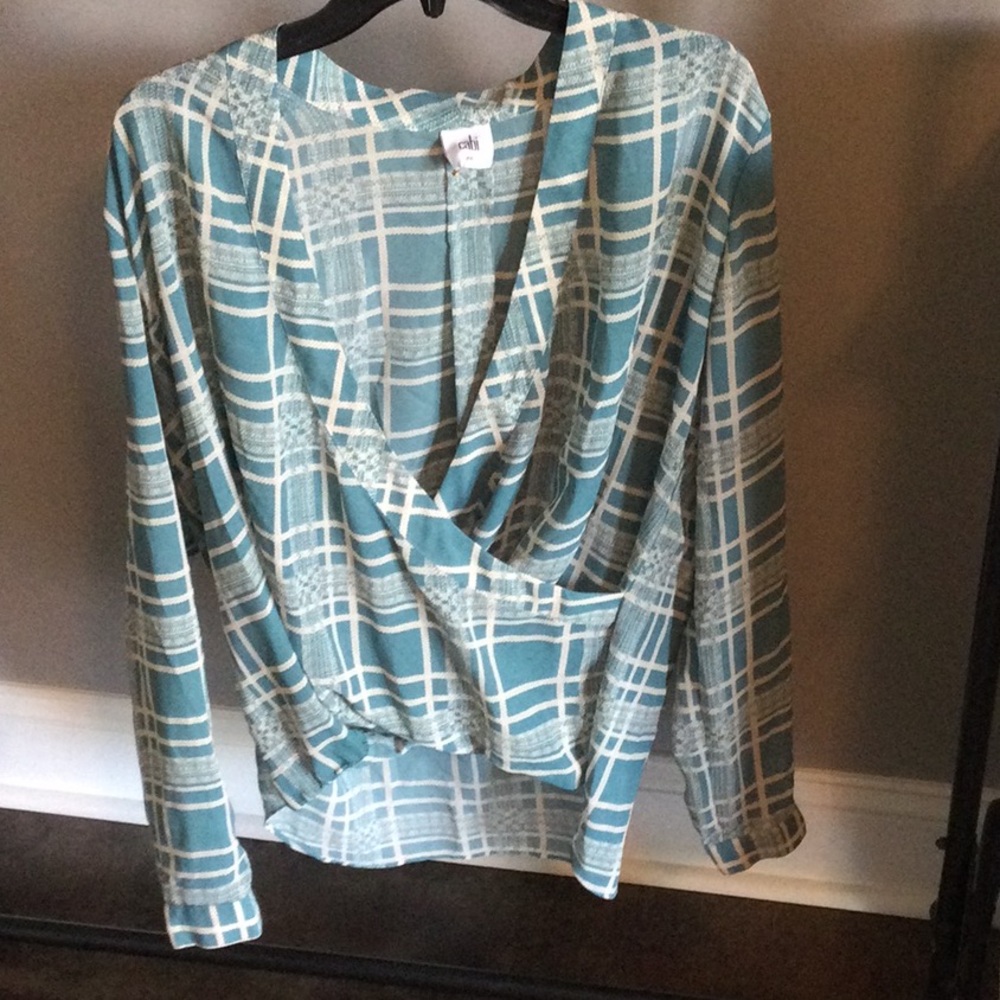 CAbi Blue Wrap Blouse with Notched Collar and Long Sleeves